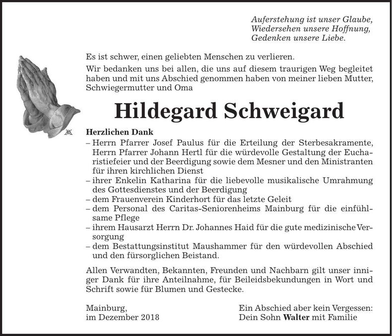 Traueranzeige Hildegard Schweigard