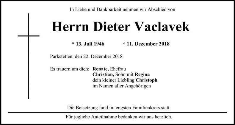 Traueranzeige Dieter Vaclavek