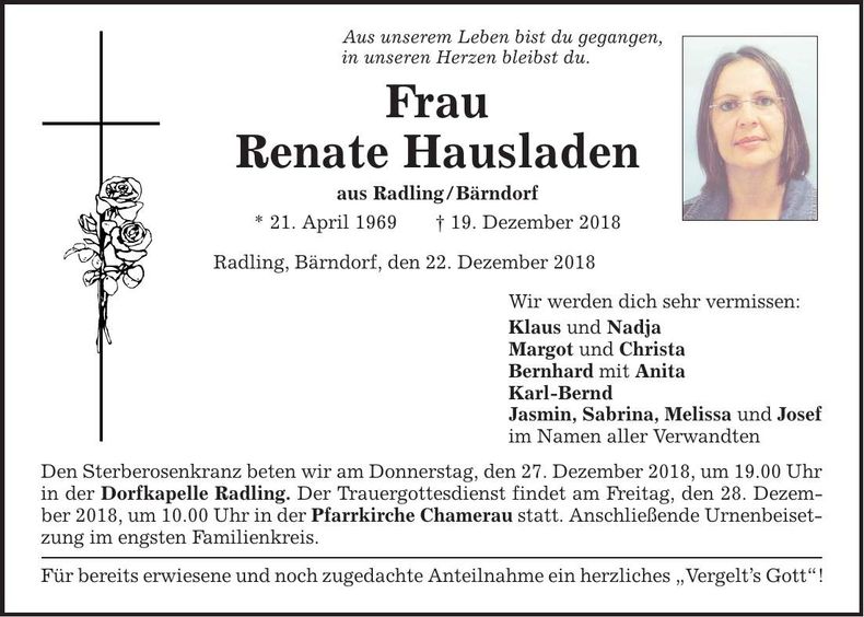 Traueranzeige Renate Hausladen