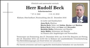 Traueranzeige Rudolf Beck