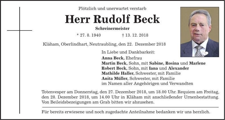 Traueranzeige Rudolf Beck