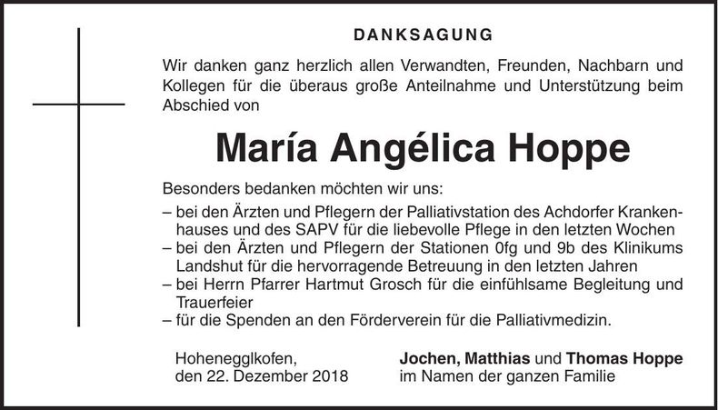 Traueranzeige María Angélica Hoppe