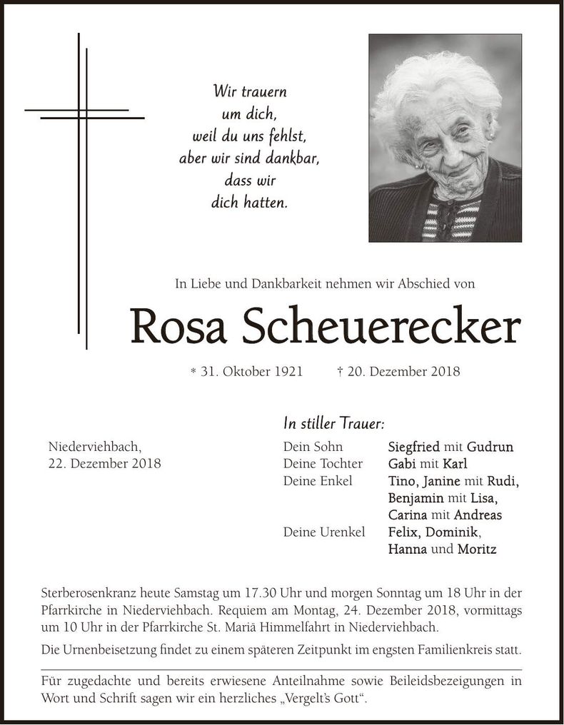 Traueranzeige Rosa Scheuerecker