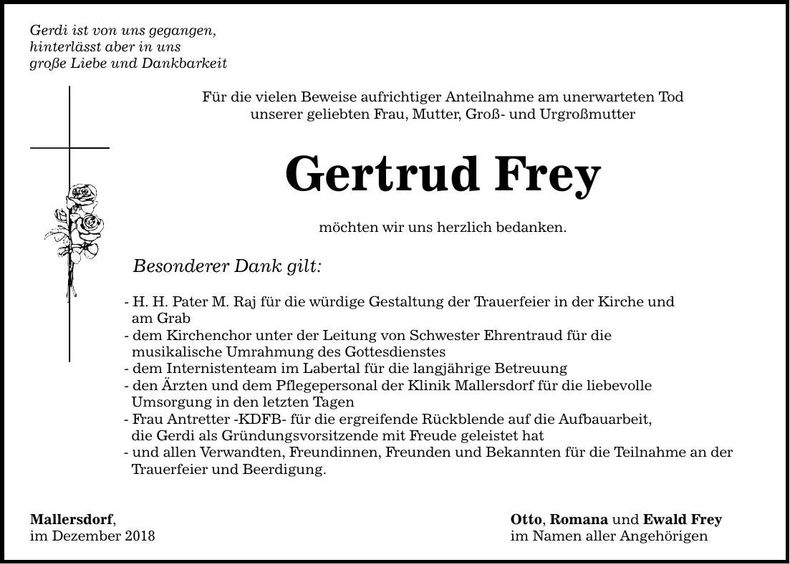 Traueranzeige Gertrud Frey