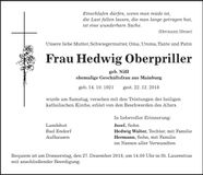 Traueranzeige Hedwig Oberpriller