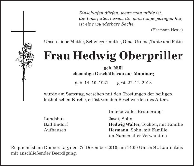 Traueranzeige Hedwig Oberpriller