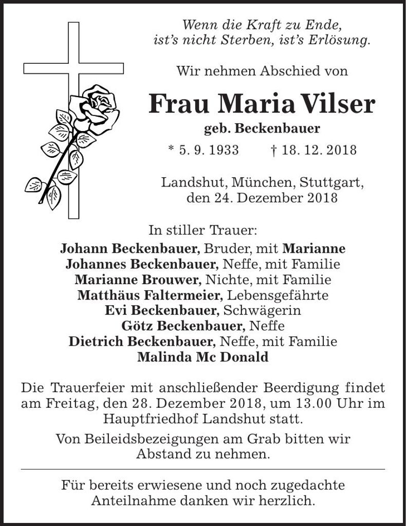 Traueranzeige Maria Vilser