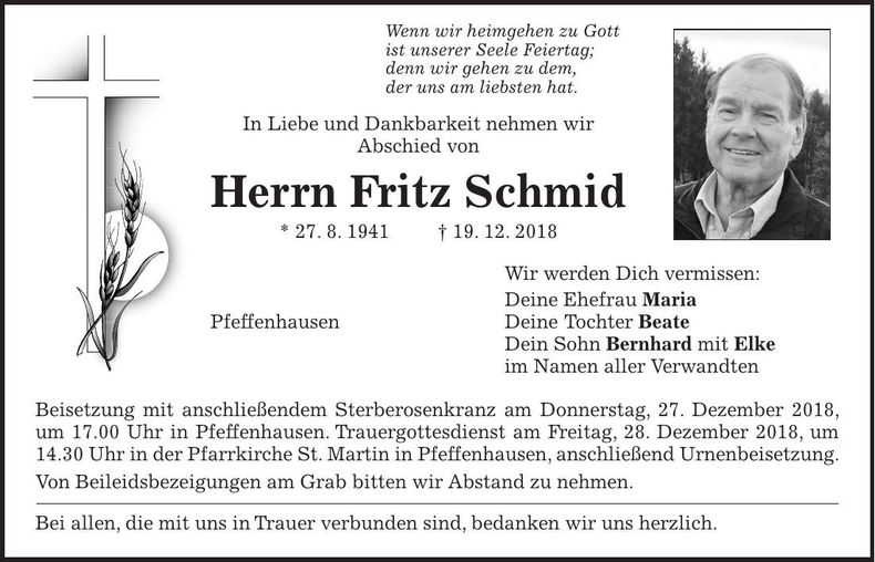 Traueranzeige Fritz Schmid