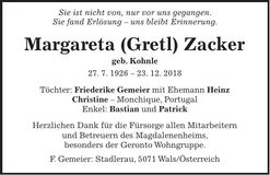 Traueranzeige Margareta Zacker