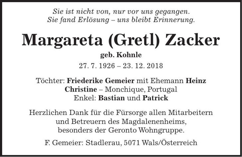 Traueranzeige Margareta Zacker