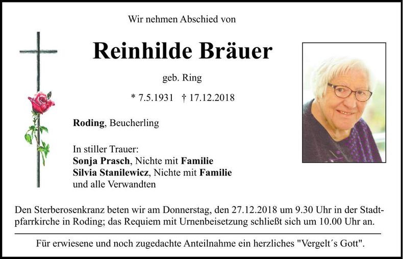Traueranzeige Reinhilde Bräuer
