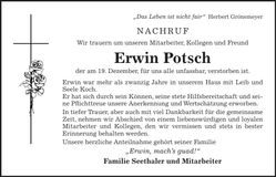 Traueranzeige Erwin Potsch