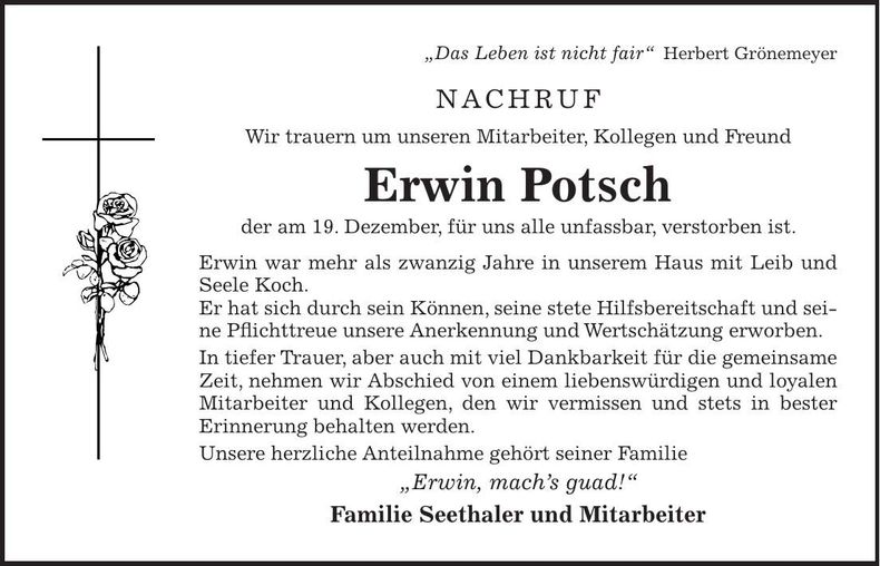 Traueranzeige Erwin Potsch