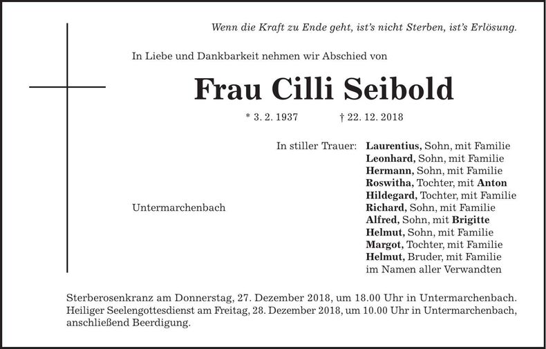 Traueranzeige Cilli Seibold