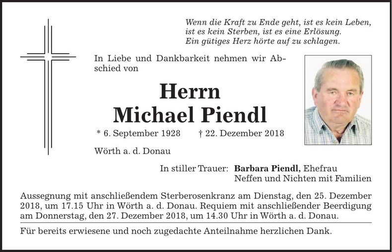 Traueranzeige Michael Piendl