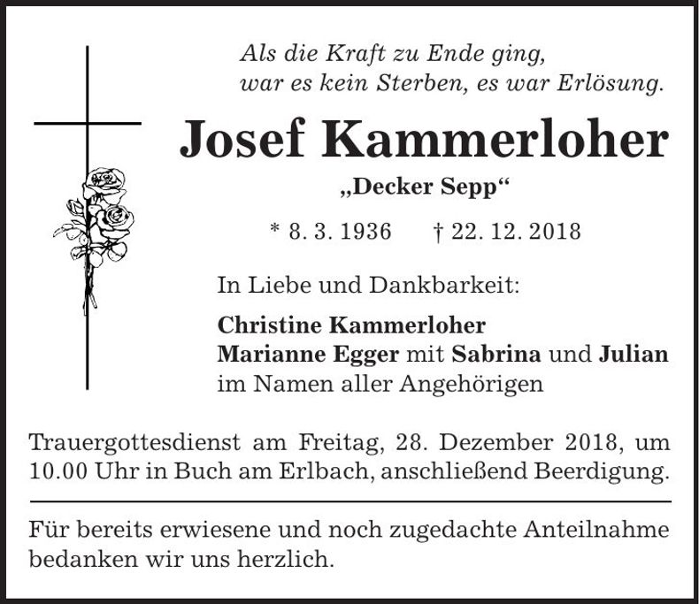Traueranzeige Josef Kammerloher