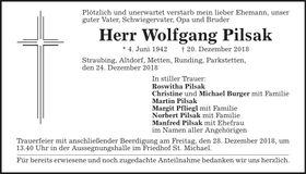Traueranzeige Wolfgang Pilsak