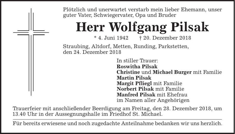 Traueranzeige Wolfgang Pilsak