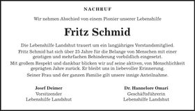 Traueranzeige Fritz Schmid