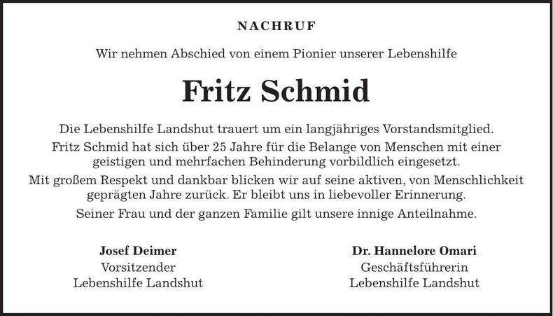 Traueranzeige Fritz Schmid