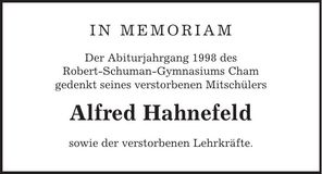 Traueranzeige Alfred Hahnefeld
