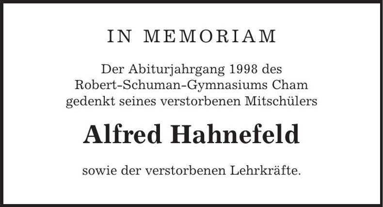 Traueranzeige Alfred Hahnefeld