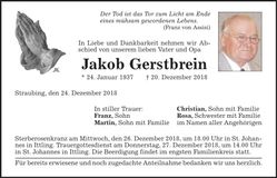 Traueranzeige Jakob Gerstbrein