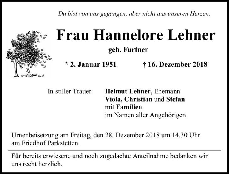 Traueranzeige Hannelore Lehner