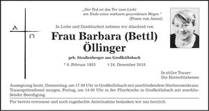 Traueranzeige Barbara Öllinger