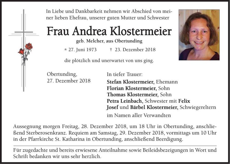 Traueranzeige Andrea Klostermeier