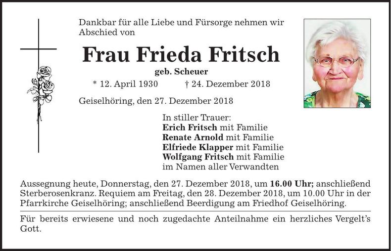 Traueranzeige Frieda Fritsch