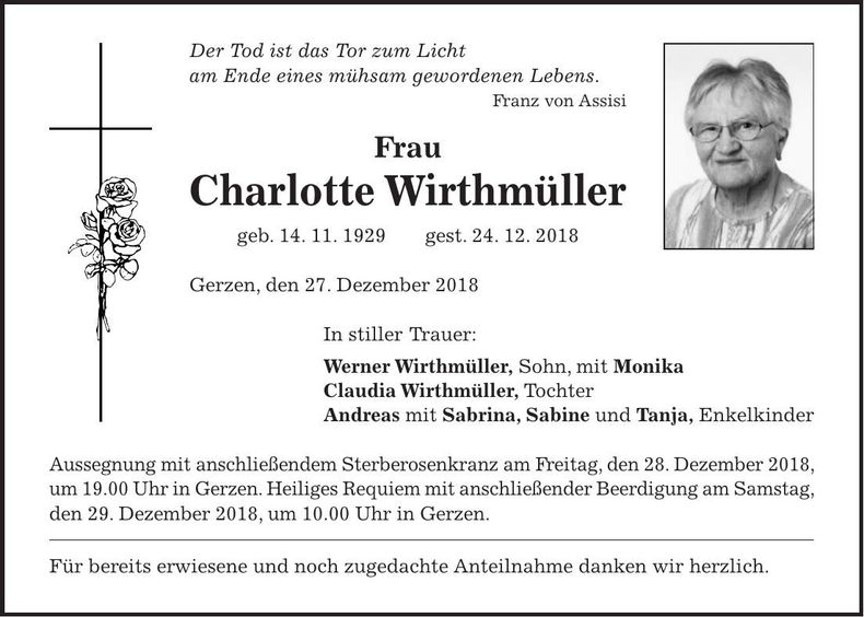 Traueranzeige Charlotte Wirthmüller