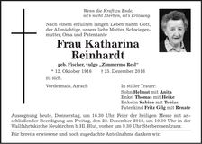 Traueranzeige Katharina Reinhardt