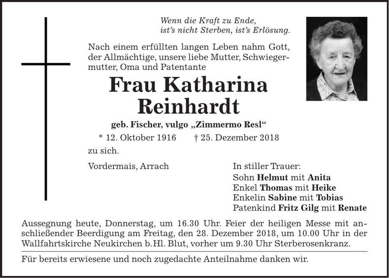 Traueranzeige Katharina Reinhardt