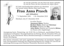 Traueranzeige Anna Prasch