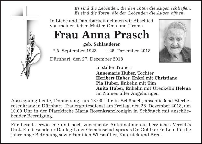 Traueranzeige Anna Prasch