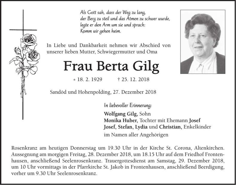 Traueranzeige Berta Gilg