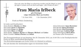 Traueranzeige Maria Irlbeck