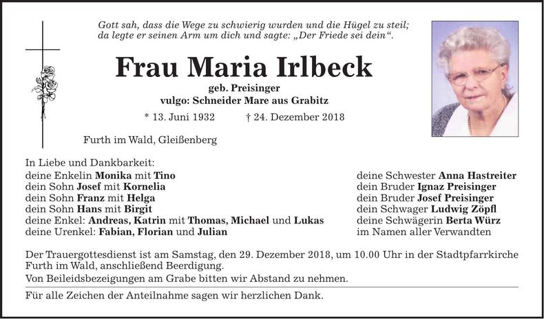 Traueranzeige Maria Irlbeck