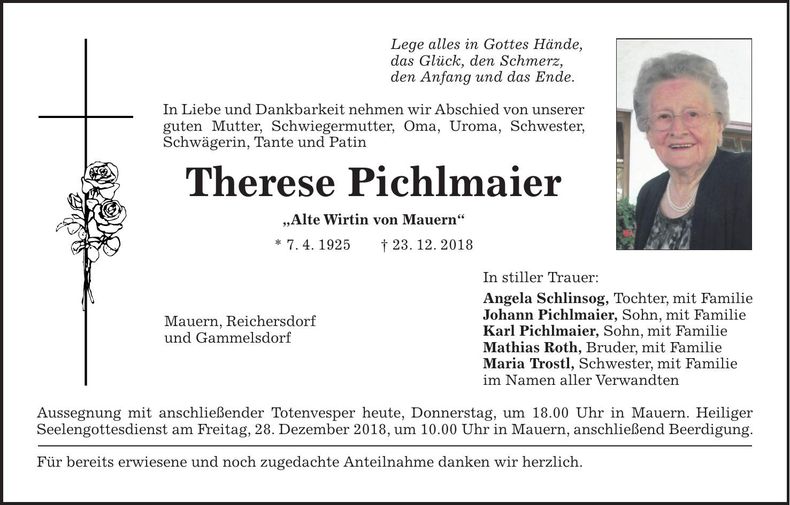 Traueranzeige Therese Pichlmaier