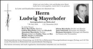 Traueranzeige Ludwig Mayerhofer