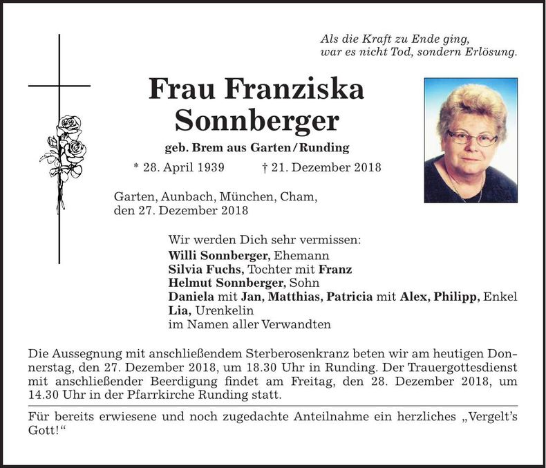 Traueranzeige Franziska Sonnberger