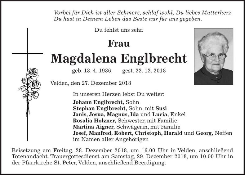 Traueranzeige Magdalena Englbrecht