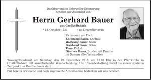 Traueranzeige Gerhard Bauer