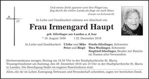 Traueranzeige Irmengard Haupt