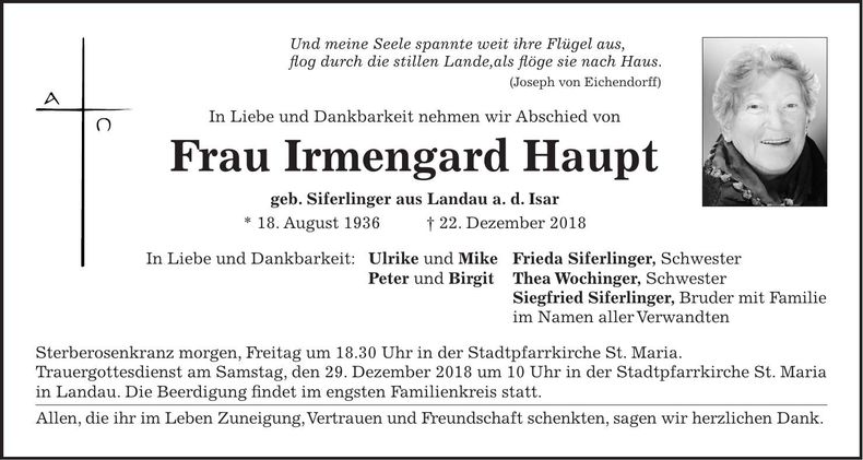 Traueranzeige Irmengard Haupt