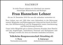 Traueranzeige Hannelore Lehner