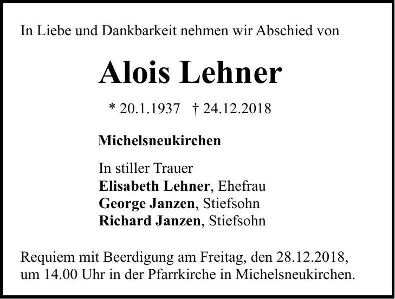 Traueranzeige Alois Lehner