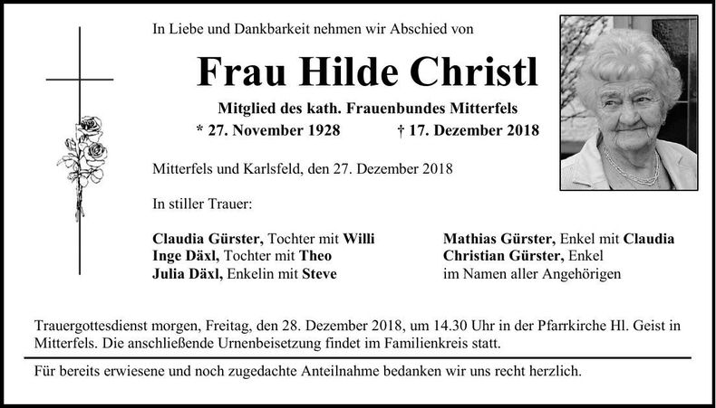 Traueranzeige Hilde Christl