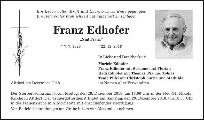 Traueranzeige Franz Edhofer